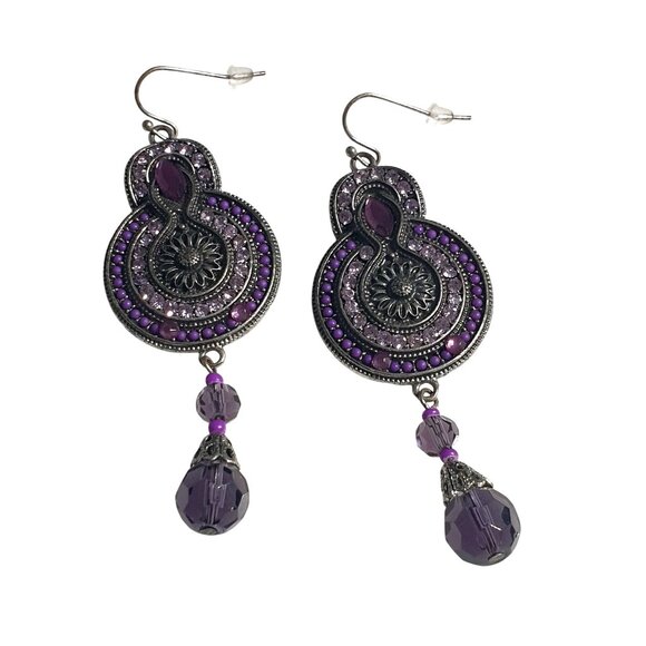 Vintage Purple Beaded Dangle Earrings Intricate Metalwork Drop Design Crystal Ac - Picture 1 of 5